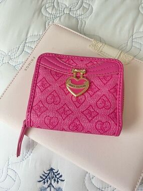 Juicy Couture Hot Pink Heart Motif Zip Wallet with Gold Accent